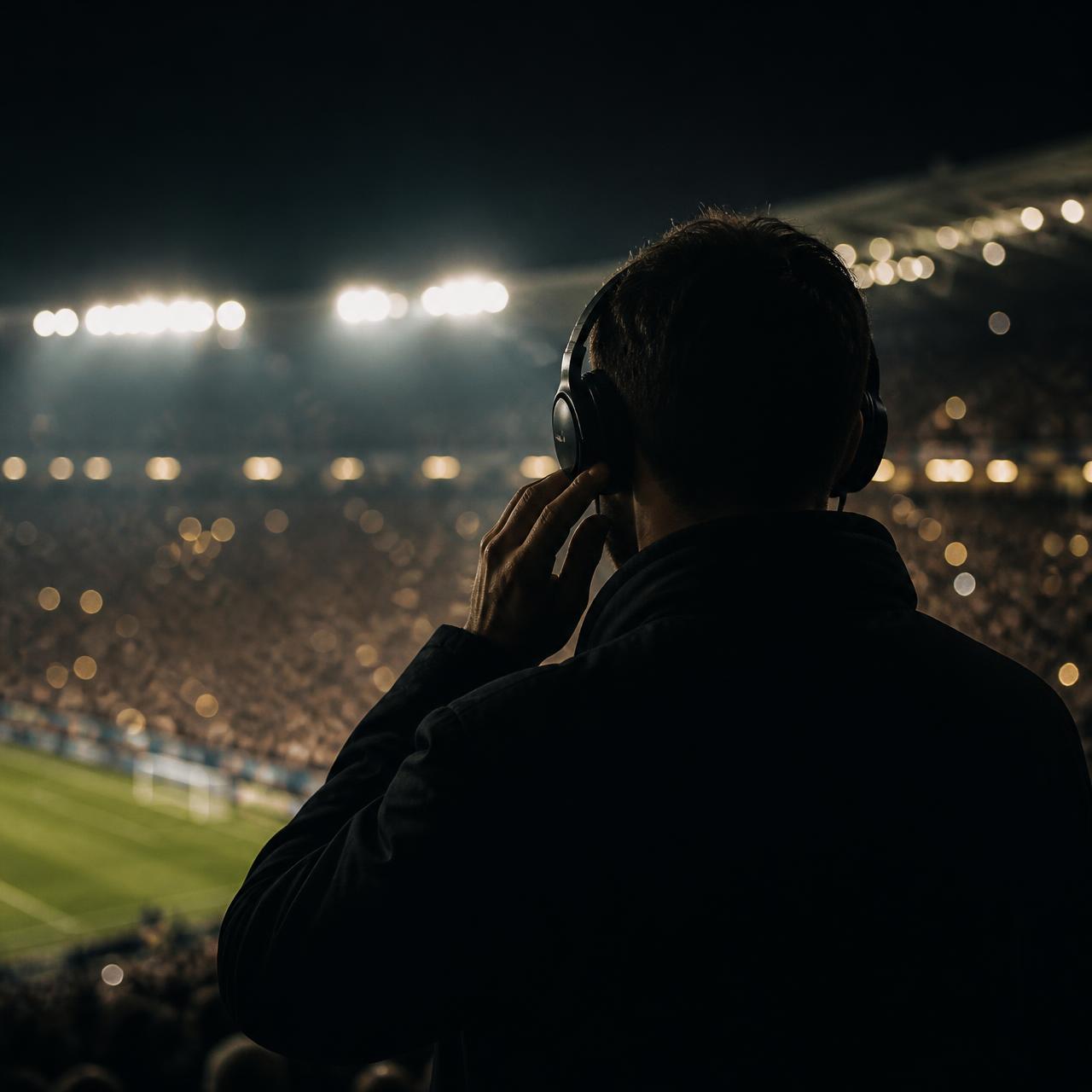 Football fan silhouetted in the stands wearing a headset, listening to live match audio at night