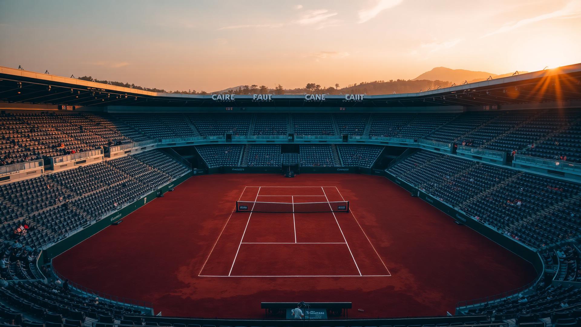 Empty clay tennis court in a stadium at sunset